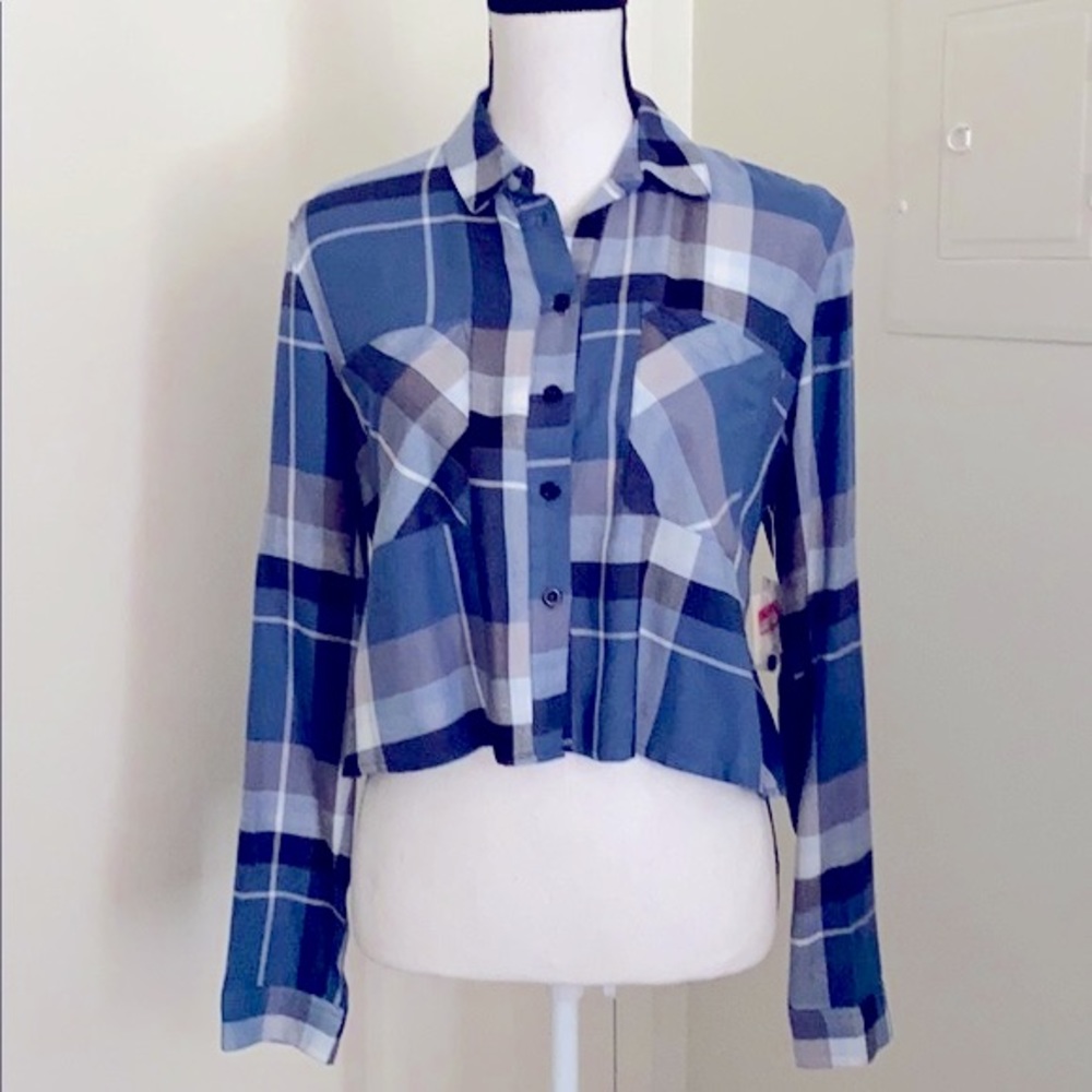 BP Nordstrom Blue Plaid Flannel Crop Button Down